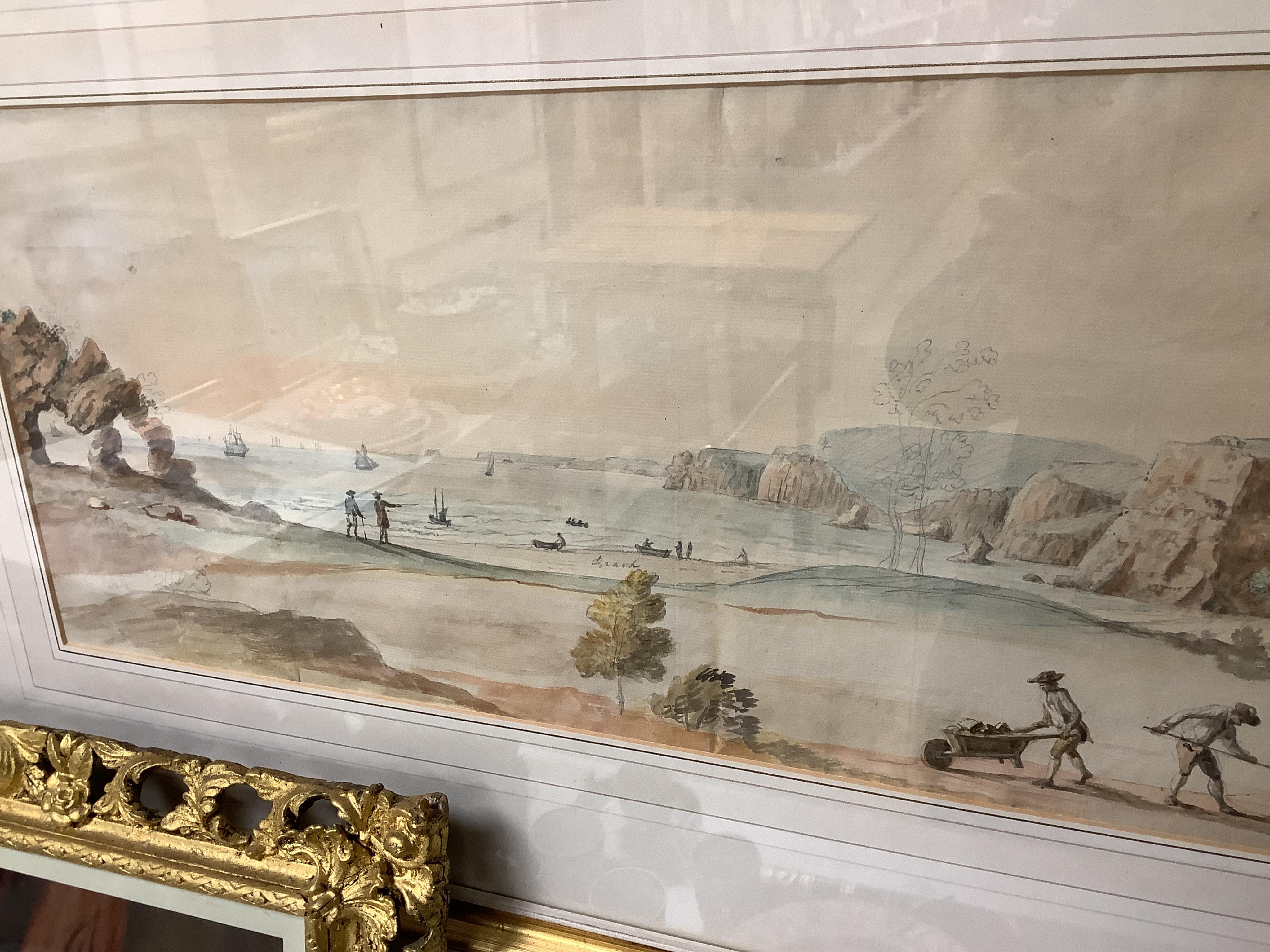 18th century, English School, ink and watercolour, Landscape with figures on beach, gardeners in the foreground, unsigned, 23 x 54cm. Condition - poor